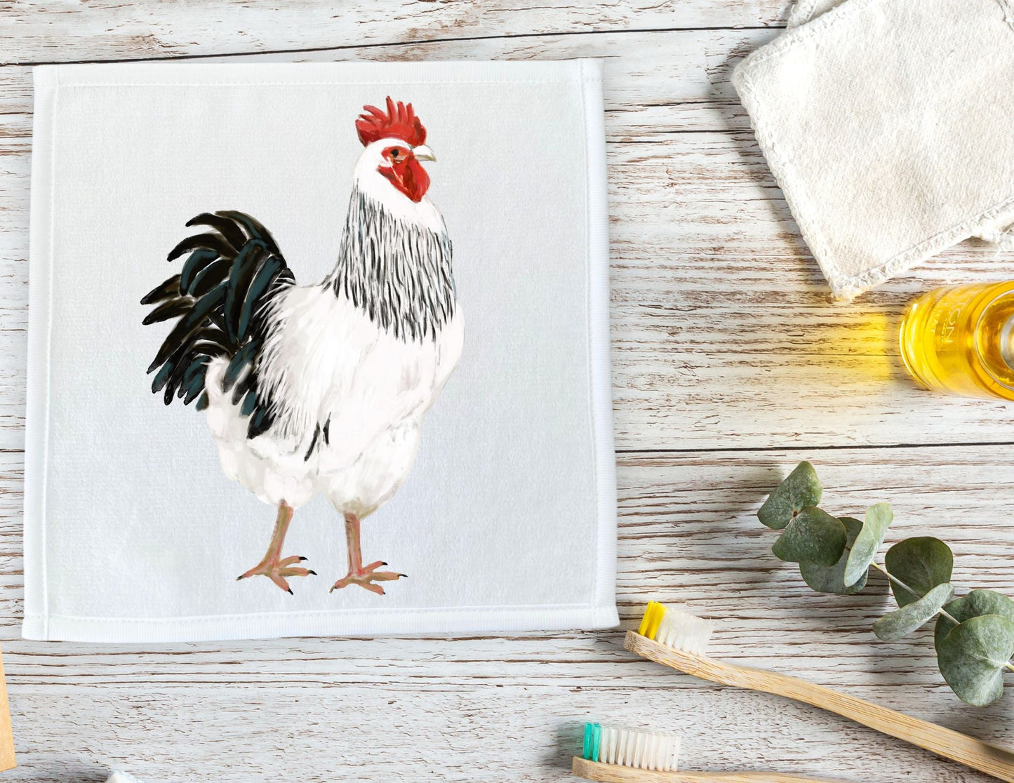 Rooster Washcloth | "Snowy the Elegant Rooster" - MerikaArt