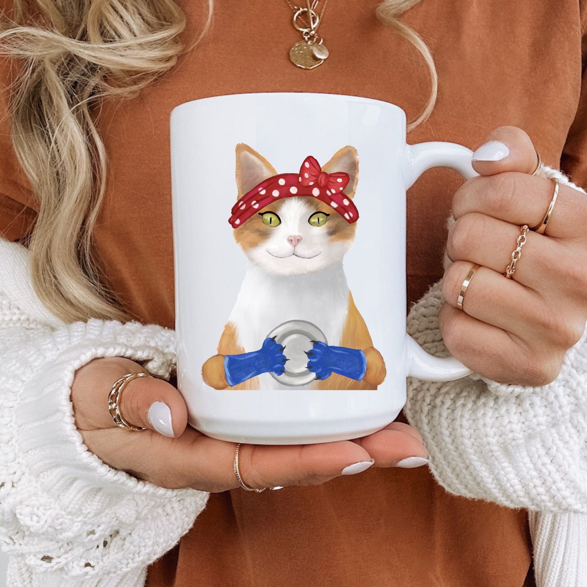 Rosie the Riveter Cat Ceramic Coffee Mug - MerikaArt