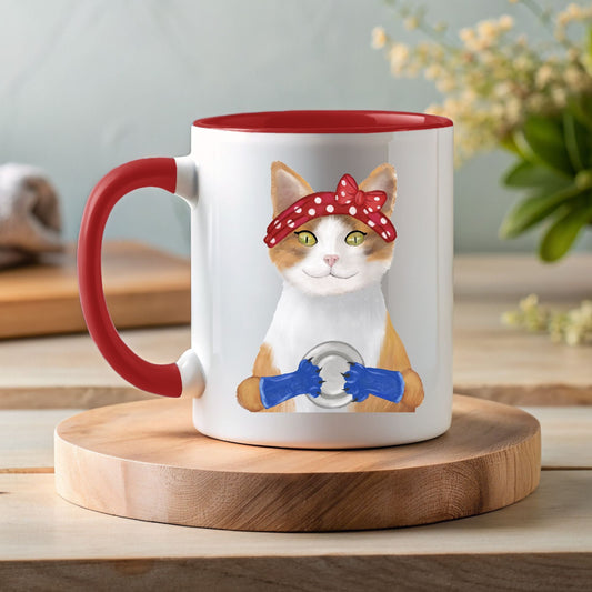 Rosie the Riveter Cat Ceramic Coffee Mug - MerikaArt