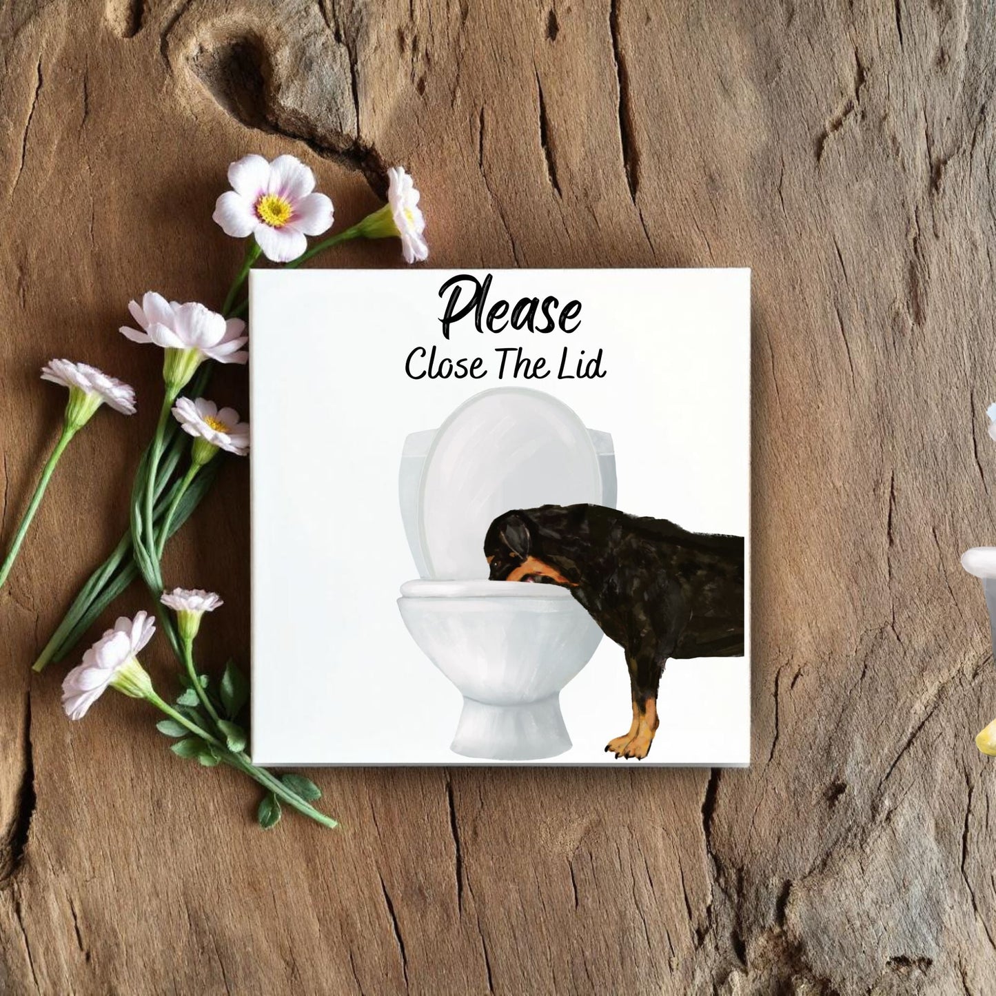Rottweiler Please Close The Lid Ceramic Tile - MerikaArt