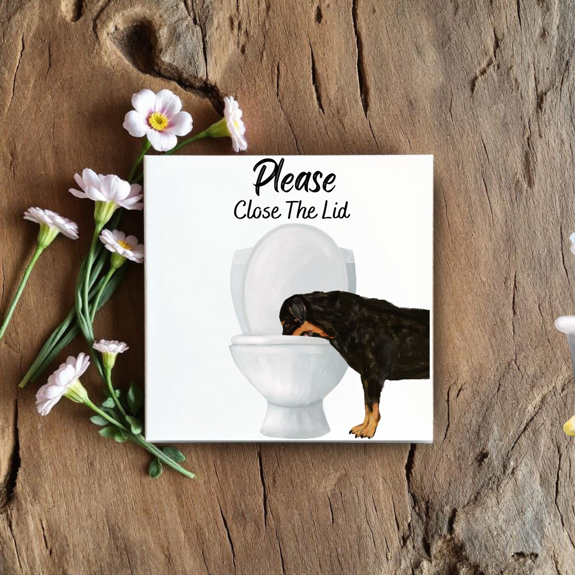 Rottweiler Please Close The Lid Ceramic Tile - MerikaArt
