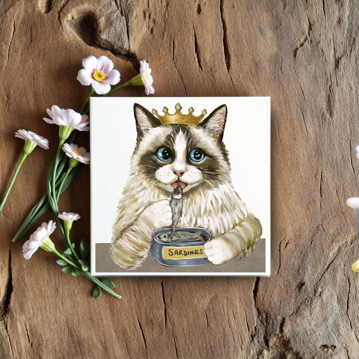 Royal Ragdoll Cat with Sardines Ceramic Tile - MerikaArt