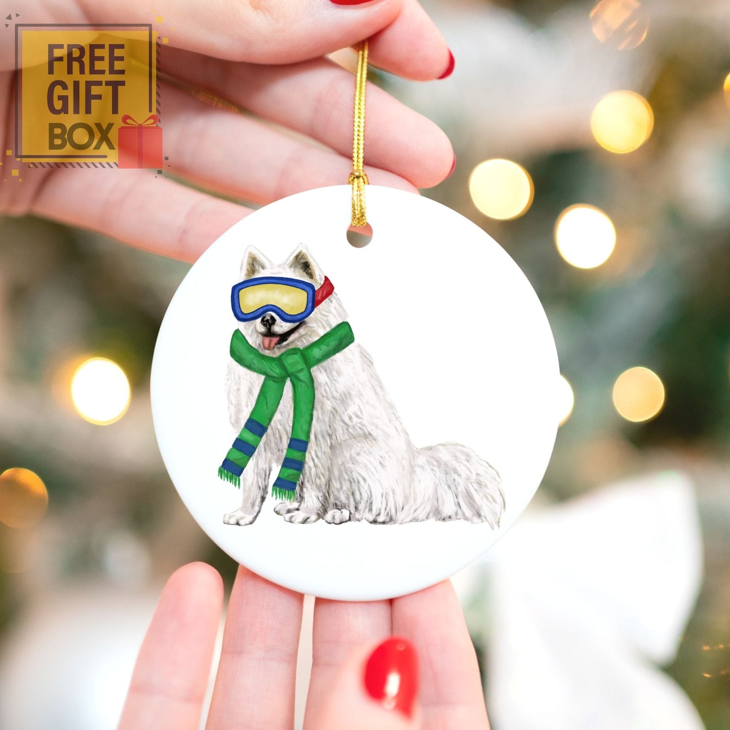 Samoyed Ski Christmas Ornament - MerikaArt