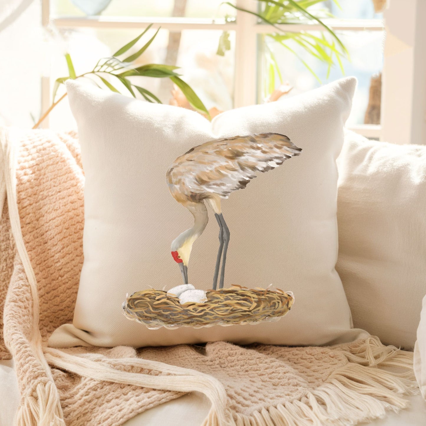 Sandhill Crane Bird Pillow - MerikaArt