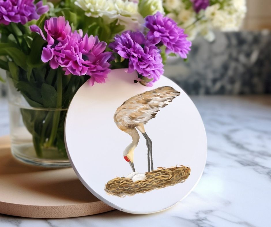 Sandhill Crane Ceramic Coaster - MerikaArt