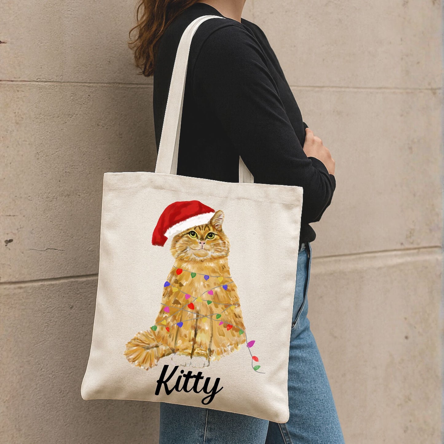 Santa Orange Cat with Christmas Lights Canvas Tote Bag - MerikaArt