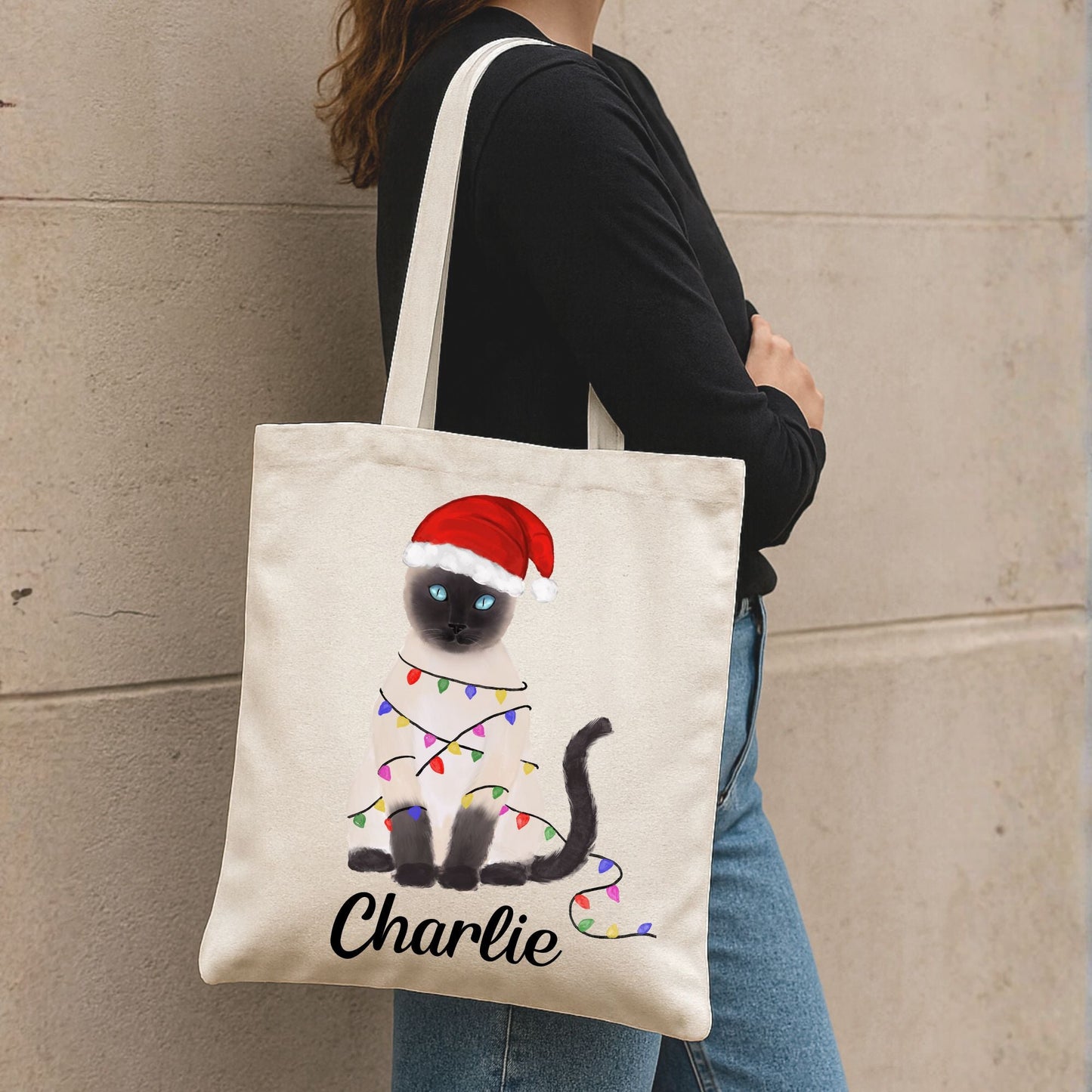 Santa Siamese Cat with Christmas Lights Canvas Tote Bag - MerikaArt