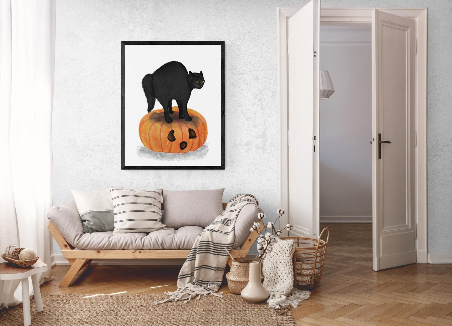 Scared Black Cat on Pumpkin Print, Halloween Cat Painting, Black Cat Portrait, Holiday Wall Art, Defensive Black Cat - MerikaArt