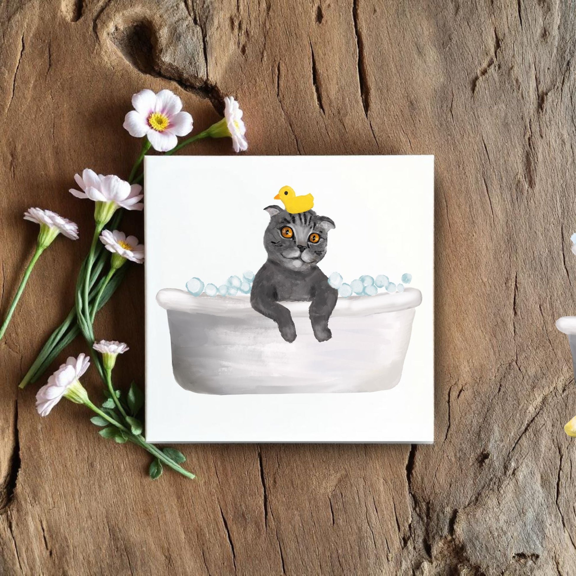 Scottish Fold Cat in Bathtub Ceramic Tile – Handcrafted Whimsical Pet Art Decor - MerikaArt
