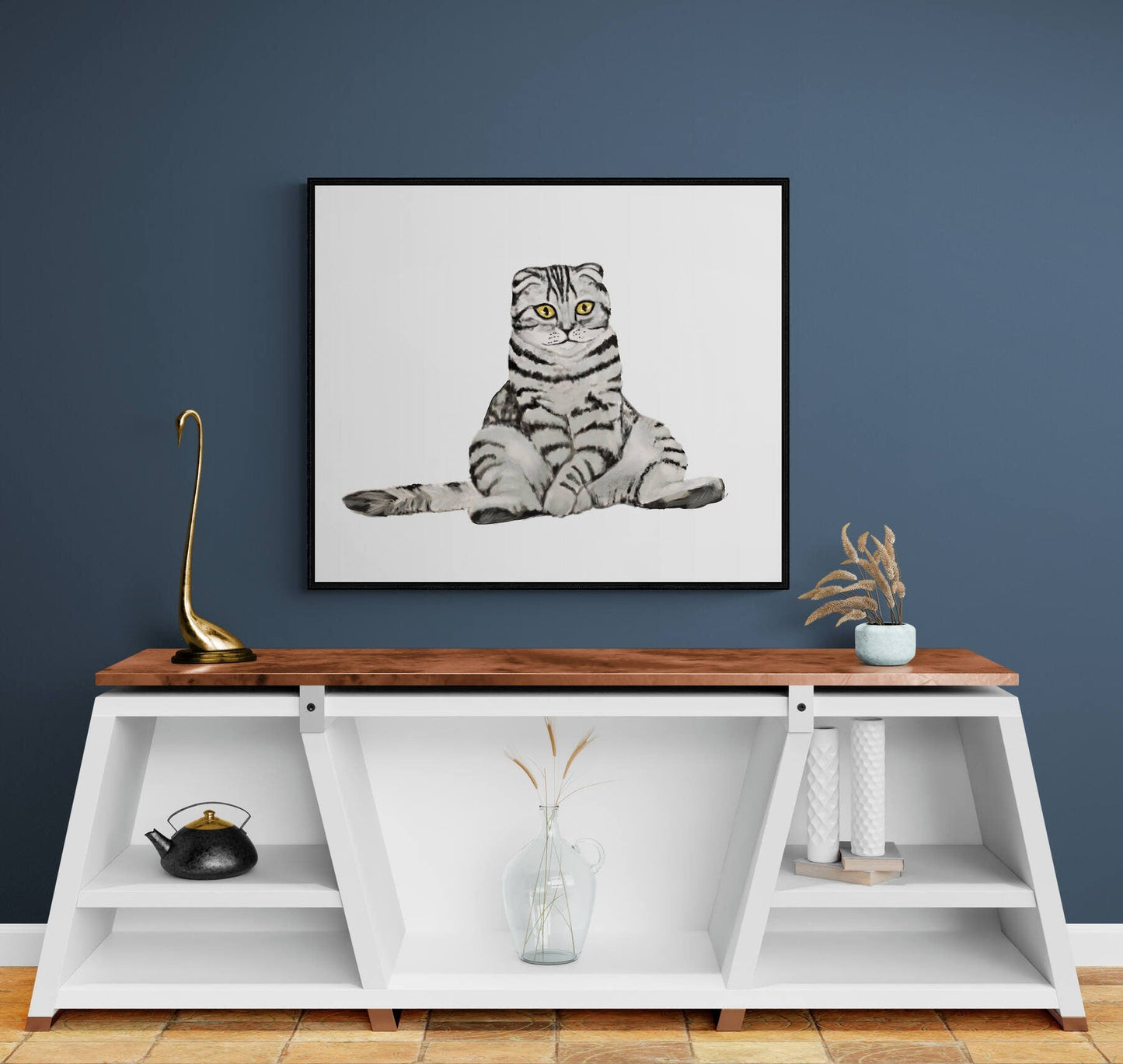 Scottish Fold Tabby Cat Print, Original Gray Cat Painting, Gray Cat Art, Kitten Painting, Cat Lover Gift, Living Room Wall Art - MerikaArt