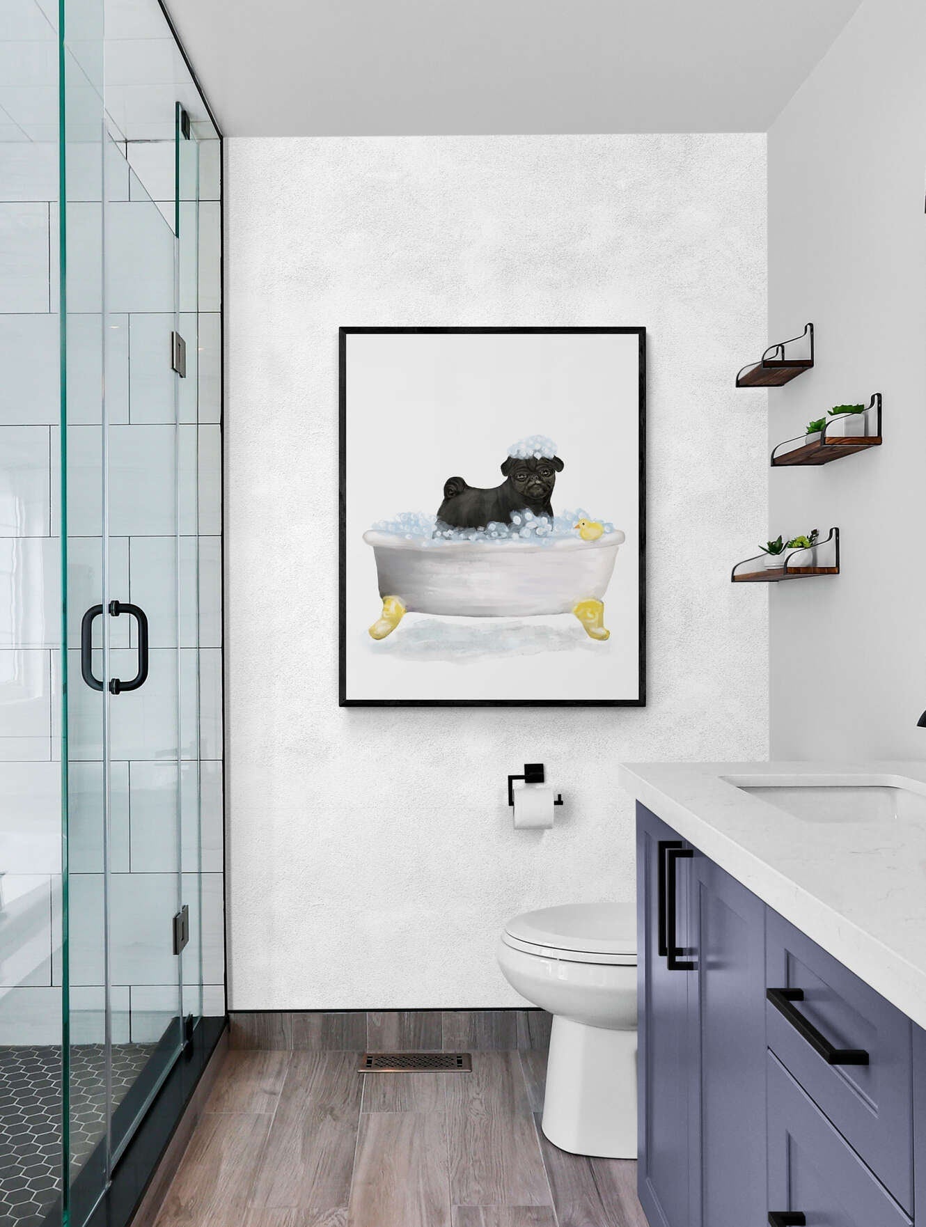 Set of 2 Black Pug In Bath Prints, Dog Sitting on Toilet Print, Bathroom Dog Painting, Dog Reading Newspaper Print, Pug Lover Gift - MerikaArt