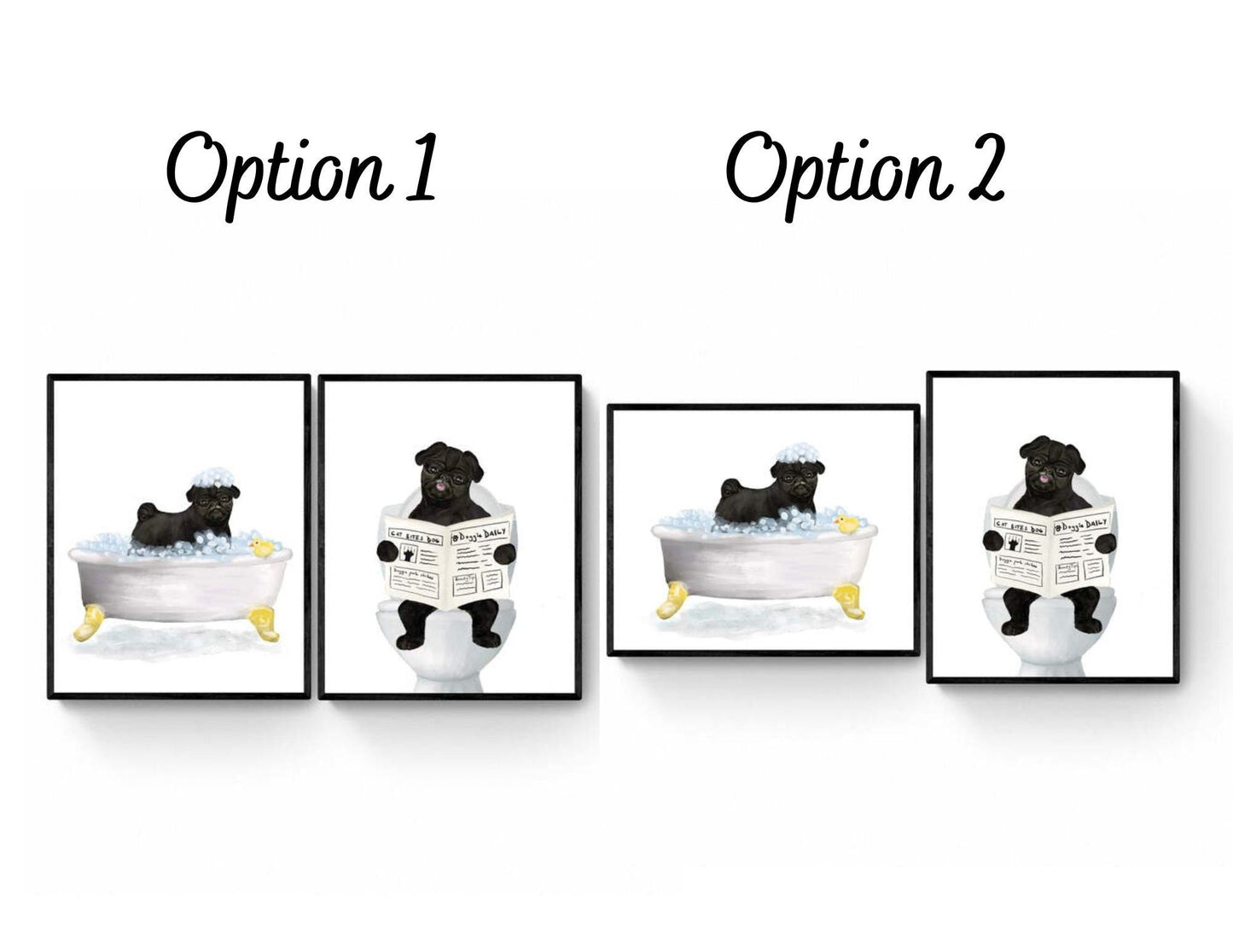 Set of 2 Black Pug In Bath Prints, Dog Sitting on Toilet Print, Bathroom Dog Painting, Dog Reading Newspaper Print, Pug Lover Gift - MerikaArt