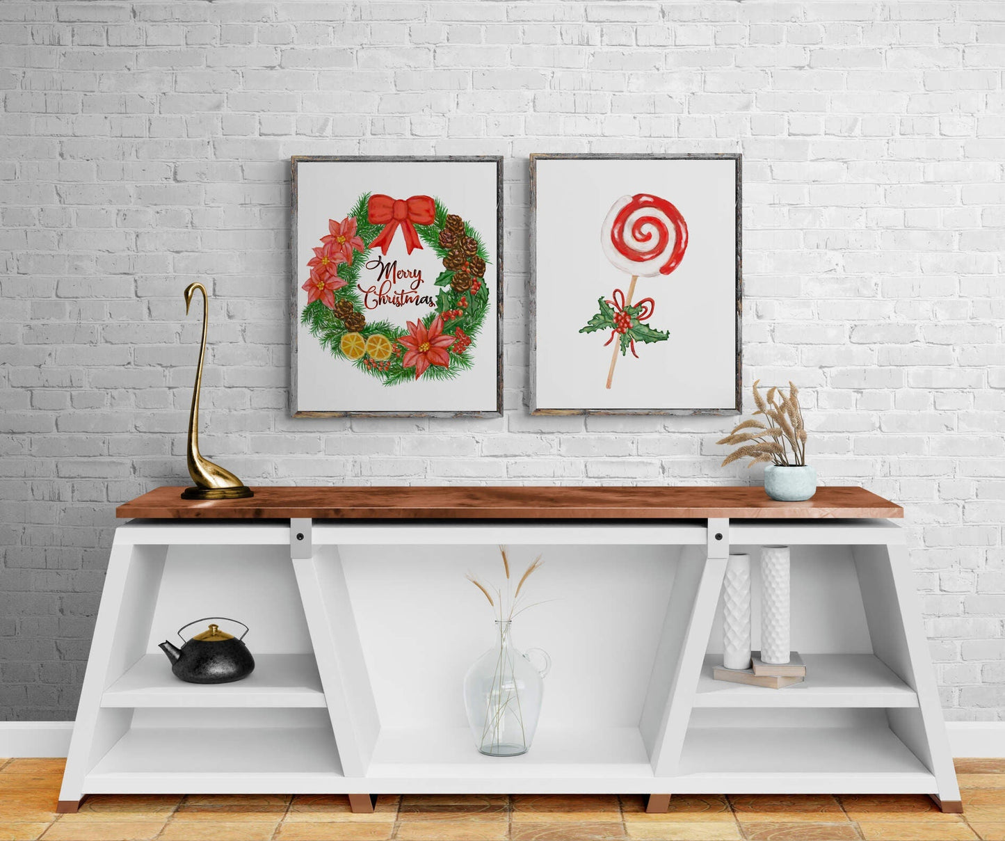 Set of 2 Christmas Prints, Winter Christmas Art, Merry Christmas Wreath and Peppermint Swirl Candy Artwork, New Years Home Decoration - MerikaArt