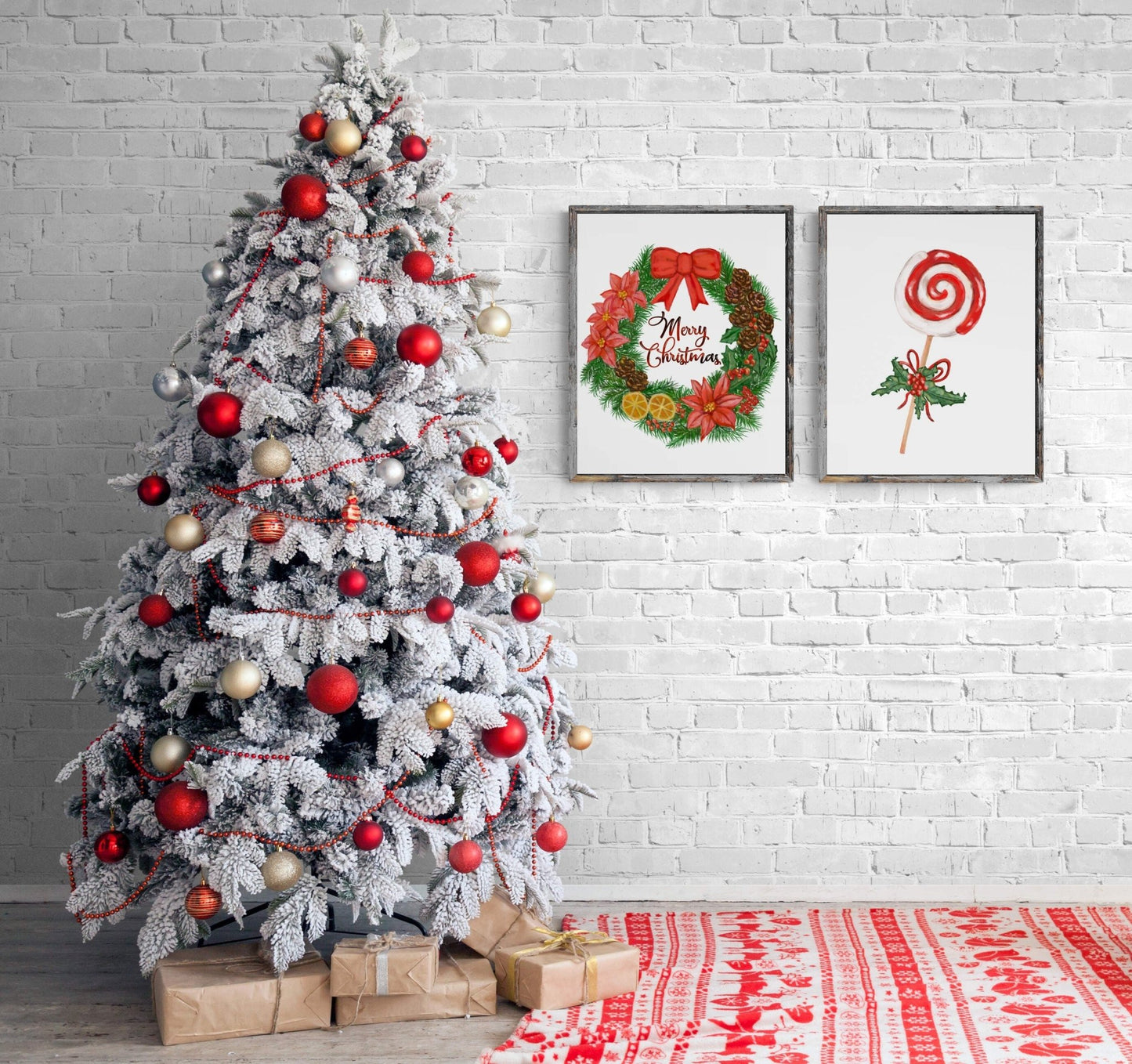 Set of 2 Christmas Prints, Winter Christmas Art, Merry Christmas Wreath and Peppermint Swirl Candy Artwork, New Years Home Decoration - MerikaArt