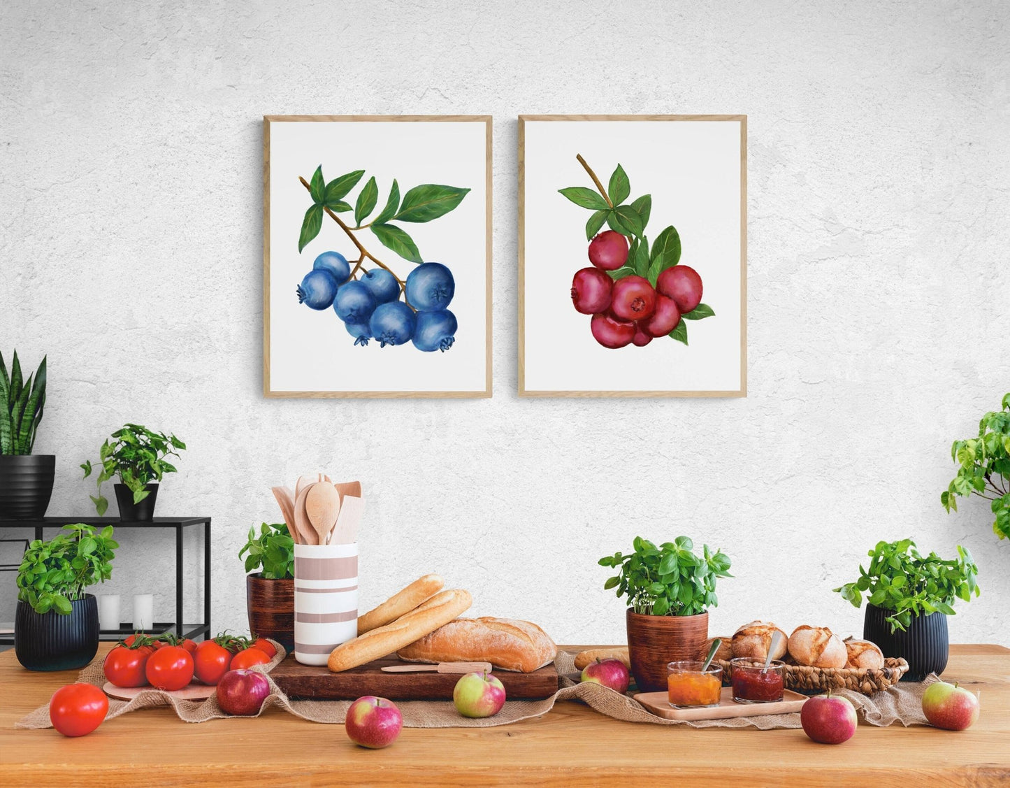 Set of 2 Cranberry Blueberry Art Print, Kitchen Wall Hanging, Dining Room Decor, Berry Painting, Fruit Illustration, Farmhouse Wall Decor - MerikaArt