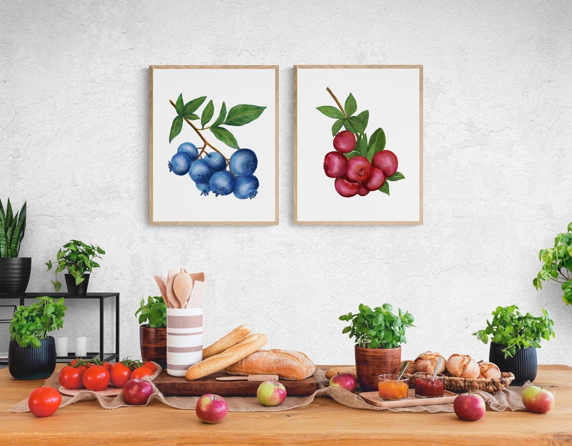 Set of 2 Cranberry Blueberry Art Print, Kitchen Wall Hanging, Dining Room Decor, Berry Painting, Fruit Illustration, Farmhouse Wall Decor - MerikaArt