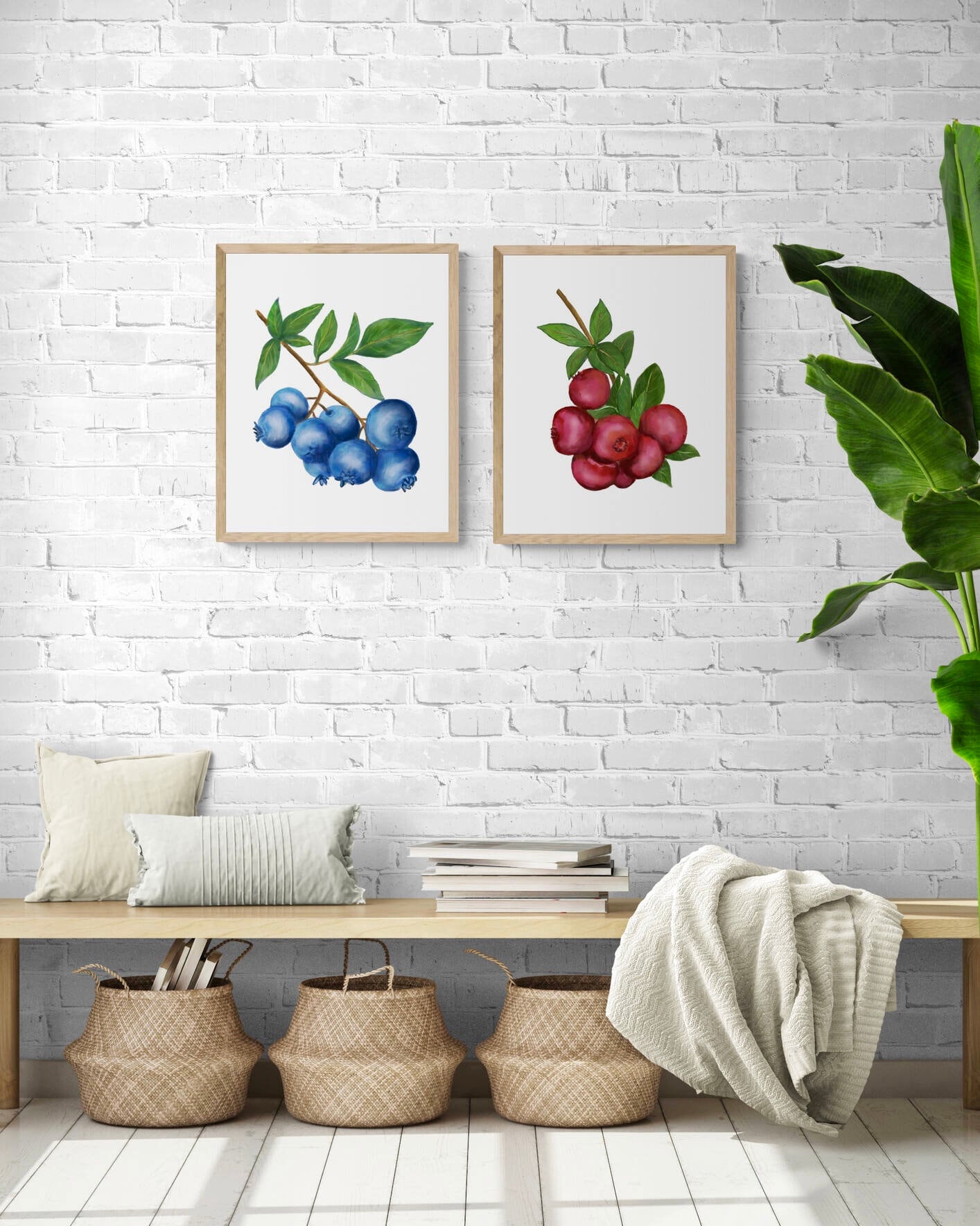 Set of 2 Cranberry Blueberry Art Print, Kitchen Wall Hanging, Dining Room Decor, Berry Painting, Fruit Illustration, Farmhouse Wall Decor - MerikaArt