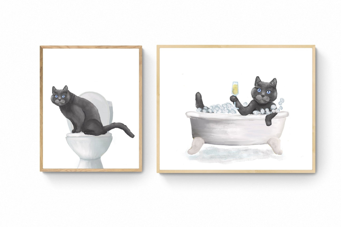 Set of 2 Gray Cat Bathroom Wall Art - MerikaArt