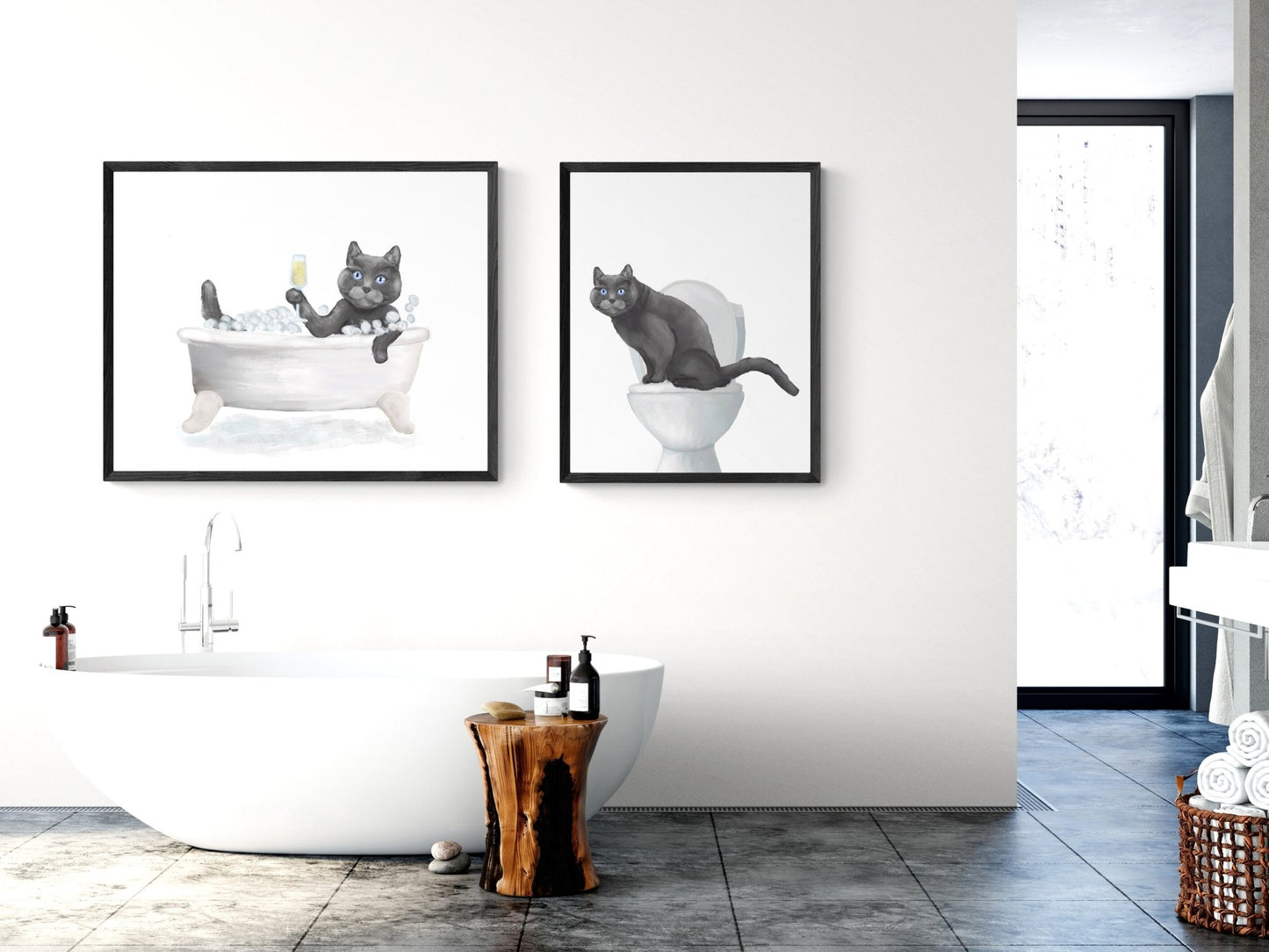 Set of 2 Gray Cat Bathroom Wall Art - MerikaArt
