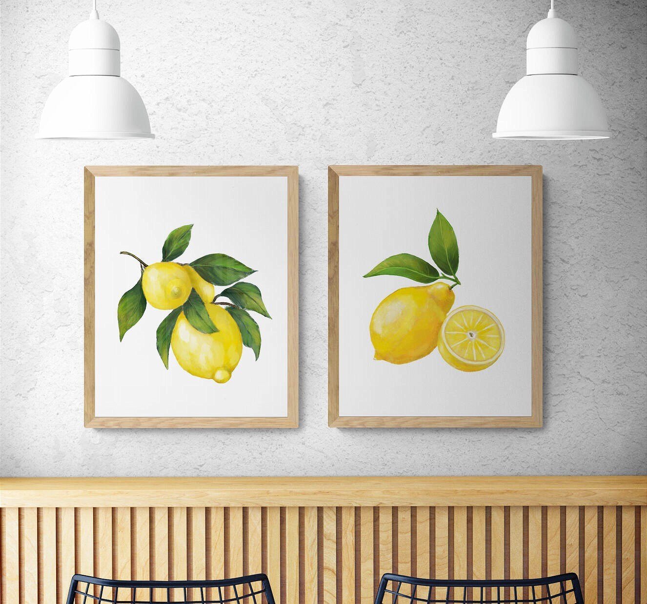Set of 2 Lemon Art Print, Lemons Wall Art, Kitchen Wall Hanging, Dining Room Decor, Citrus Painting, Fruit Illustration, Farmhouse Decor - MerikaArt