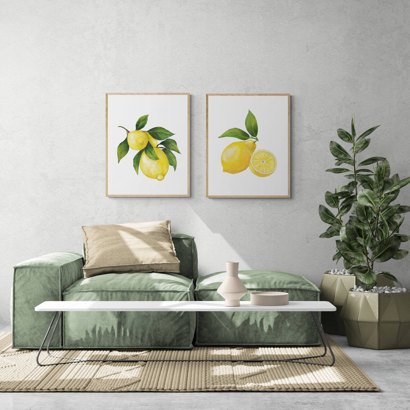 Set of 2 Lemon Art Print, Lemons Wall Art, Kitchen Wall Hanging, Dining Room Decor, Citrus Painting, Fruit Illustration, Farmhouse Decor - MerikaArt