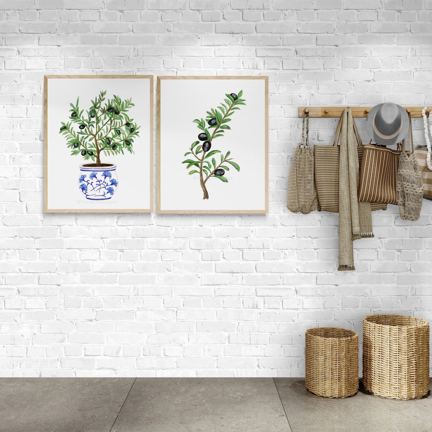 Set of 2 Olive Branch and Tree Art Prints, Still Life Wall Art, Dining Room Decor, Botanical Painting, Plant Illustration, Farmhouse Decor - MerikaArt