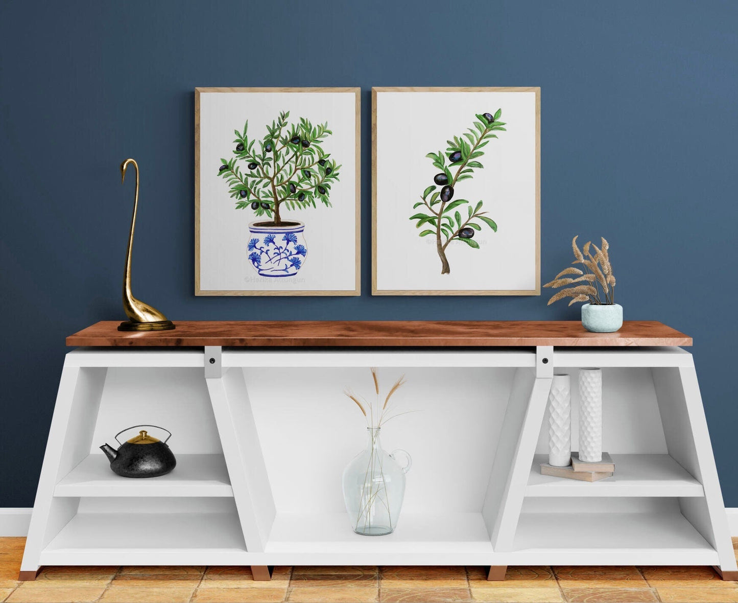 Set of 2 Olive Branch and Tree Art Prints, Still Life Wall Art, Dining Room Decor, Botanical Painting, Plant Illustration, Farmhouse Decor - MerikaArt
