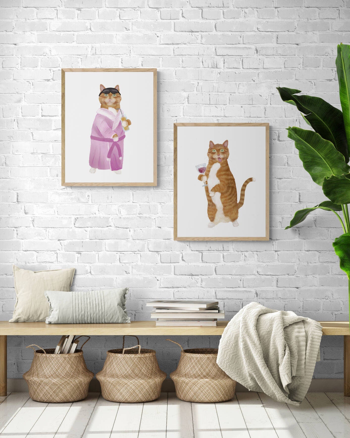 Set of 2 Orange Tabby with Wine Art Prints, Hangover Cat Print, Cat Drinking Wine Art, Drunk Cat Illustration, Home Decor, Hungover Painting - MerikaArt