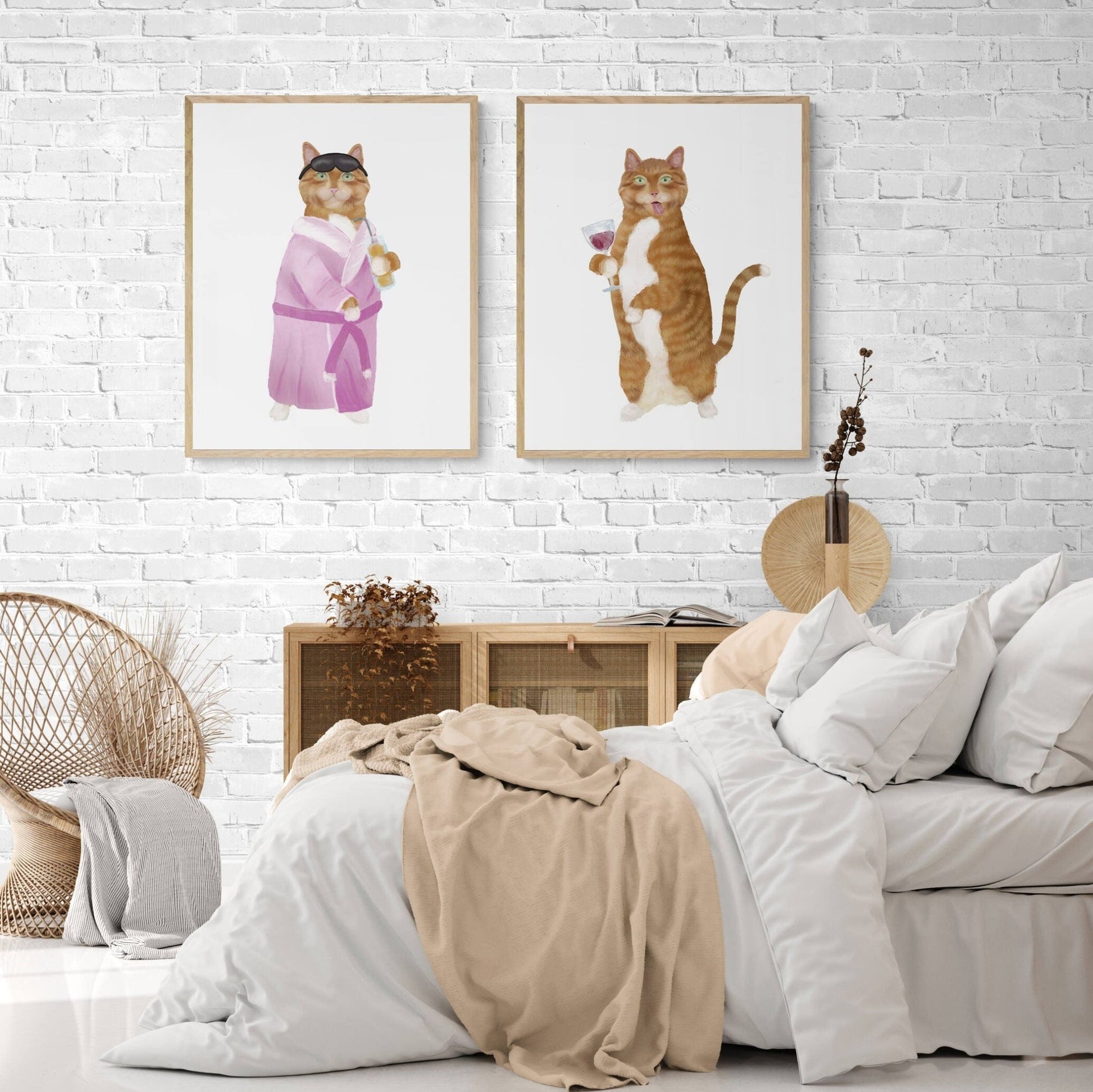 Set of 2 Orange Tabby with Wine Art Prints, Hangover Cat Print, Cat Drinking Wine Art, Drunk Cat Illustration, Home Decor, Hungover Painting - MerikaArt