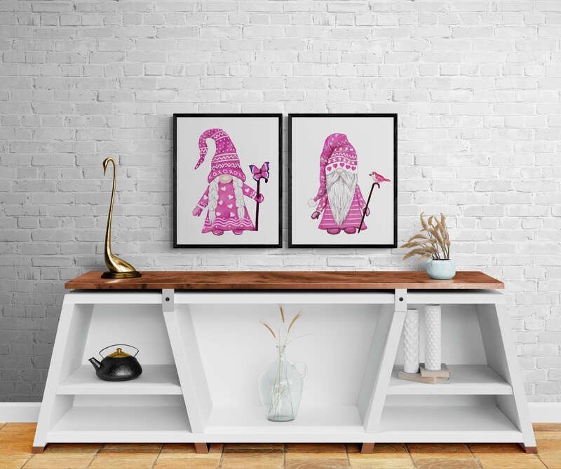 Set of 2 Pink Gnome Wall Art Prints, Valentines Day Artwork, Love Wall Art, Valentines Decor, I Love You Art, Holiday Wall Hanging - MerikaArt
