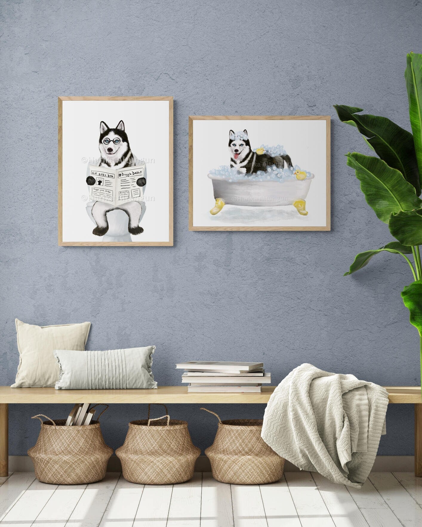 Set of 2 Siberian Husky In Bath Prints, Dog Sitting on Toilet Print, Bathroom Dog Painting, Dog Reading Newspaper Print, Husky Lover Gift - MerikaArt