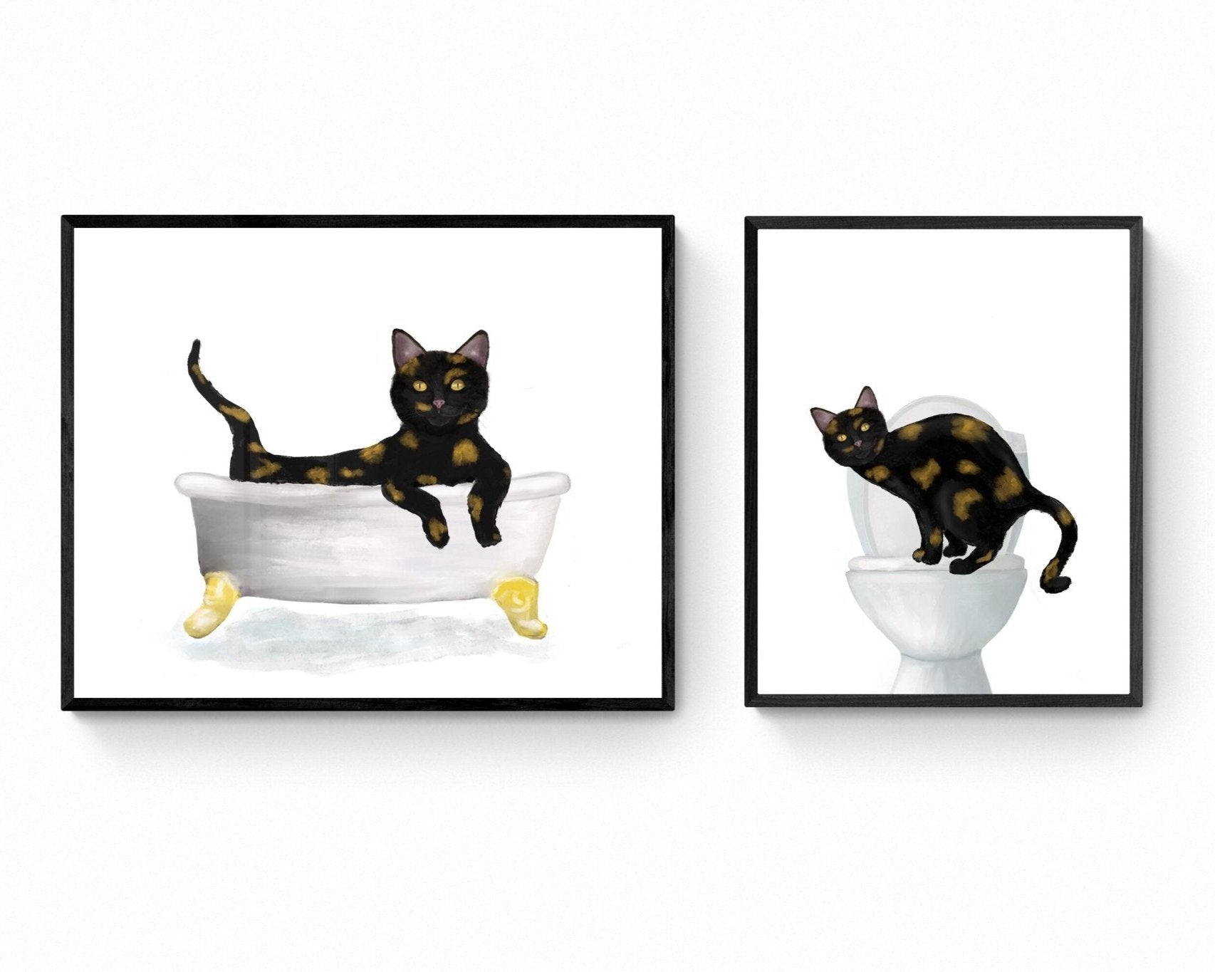 Set of 2 Tortie Cat Bathroom Wall Art - MerikaArt