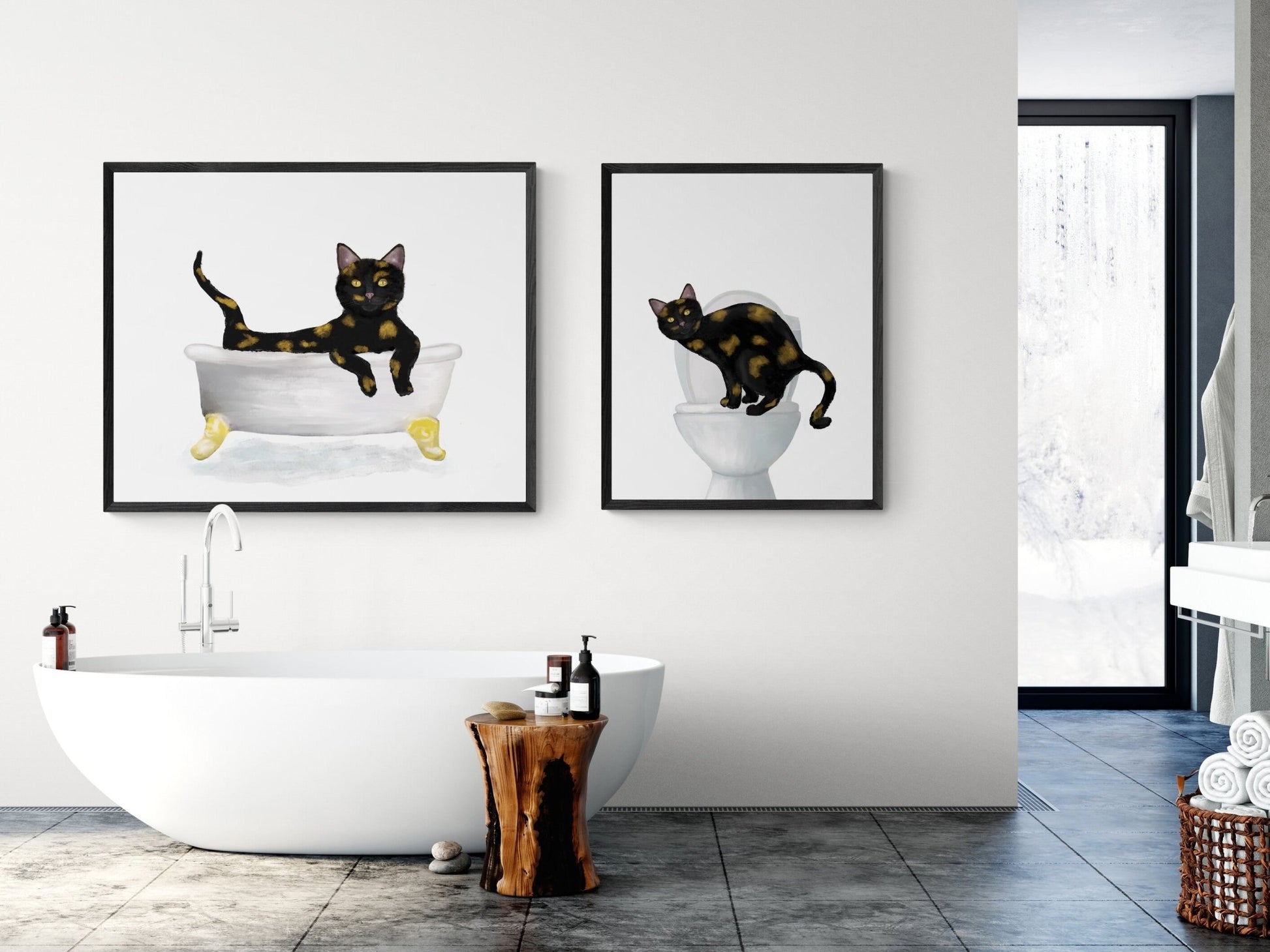Set of 2 Tortie Cat Bathroom Wall Art - MerikaArt
