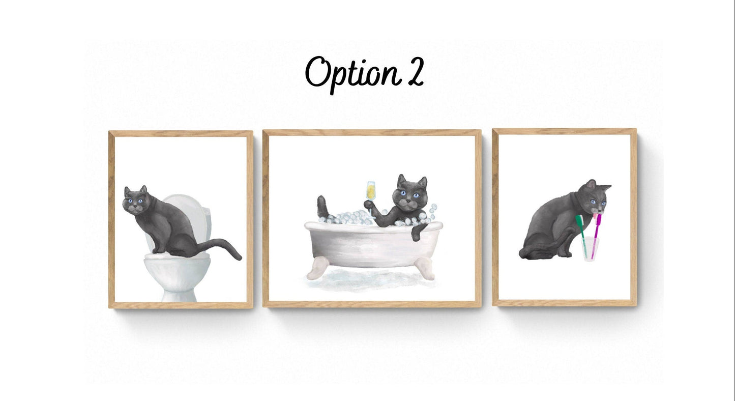 Set of 3 British Short Hair Cat Bathroom Wall Artwork, Bathroom Wall Decor, Cute Gray Cat In Bath Art, Cat On Toilet Print, Cat Lover Gift - MerikaArt