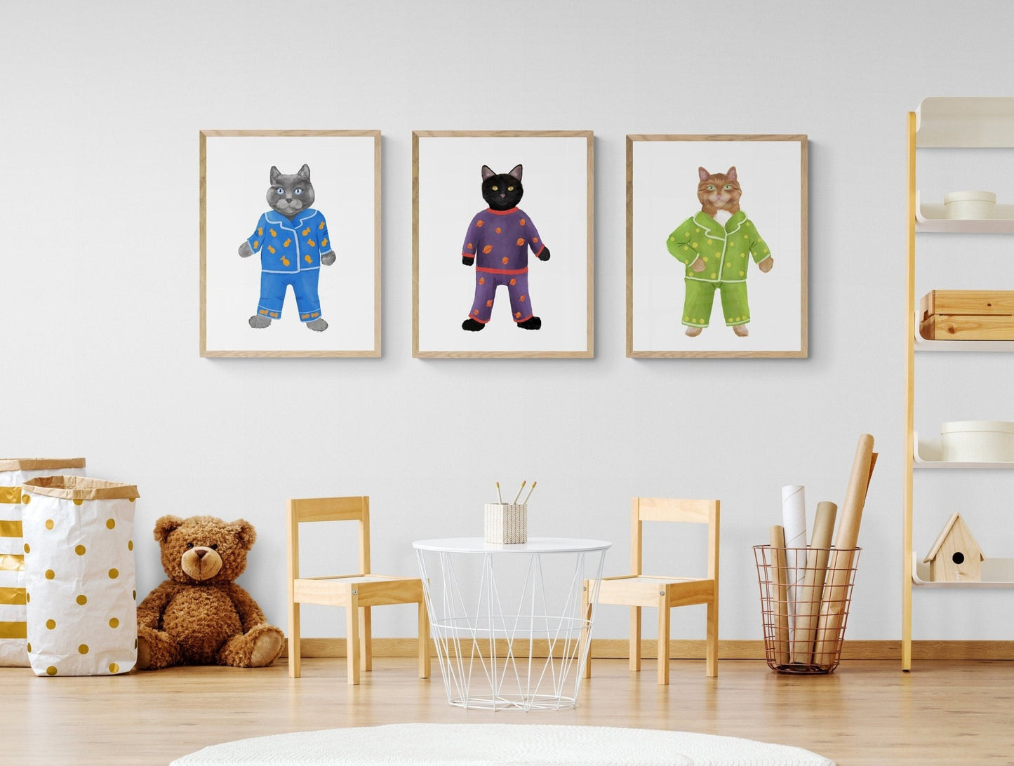 Set of 3 Cats Wearing Pajamas Print Set - MerikaArt