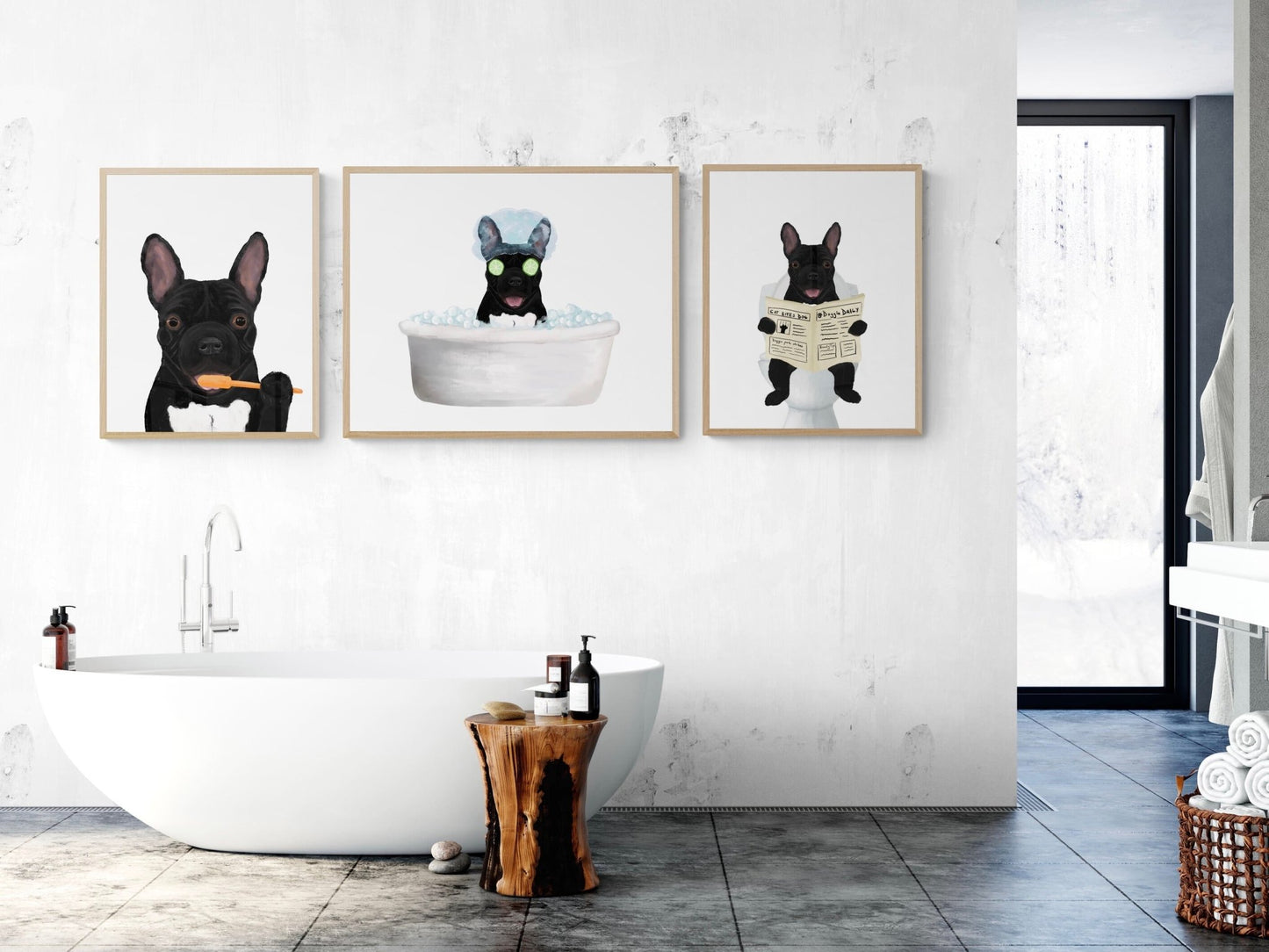 Set of 3 French Bulldog In Bathroom - MerikaArt