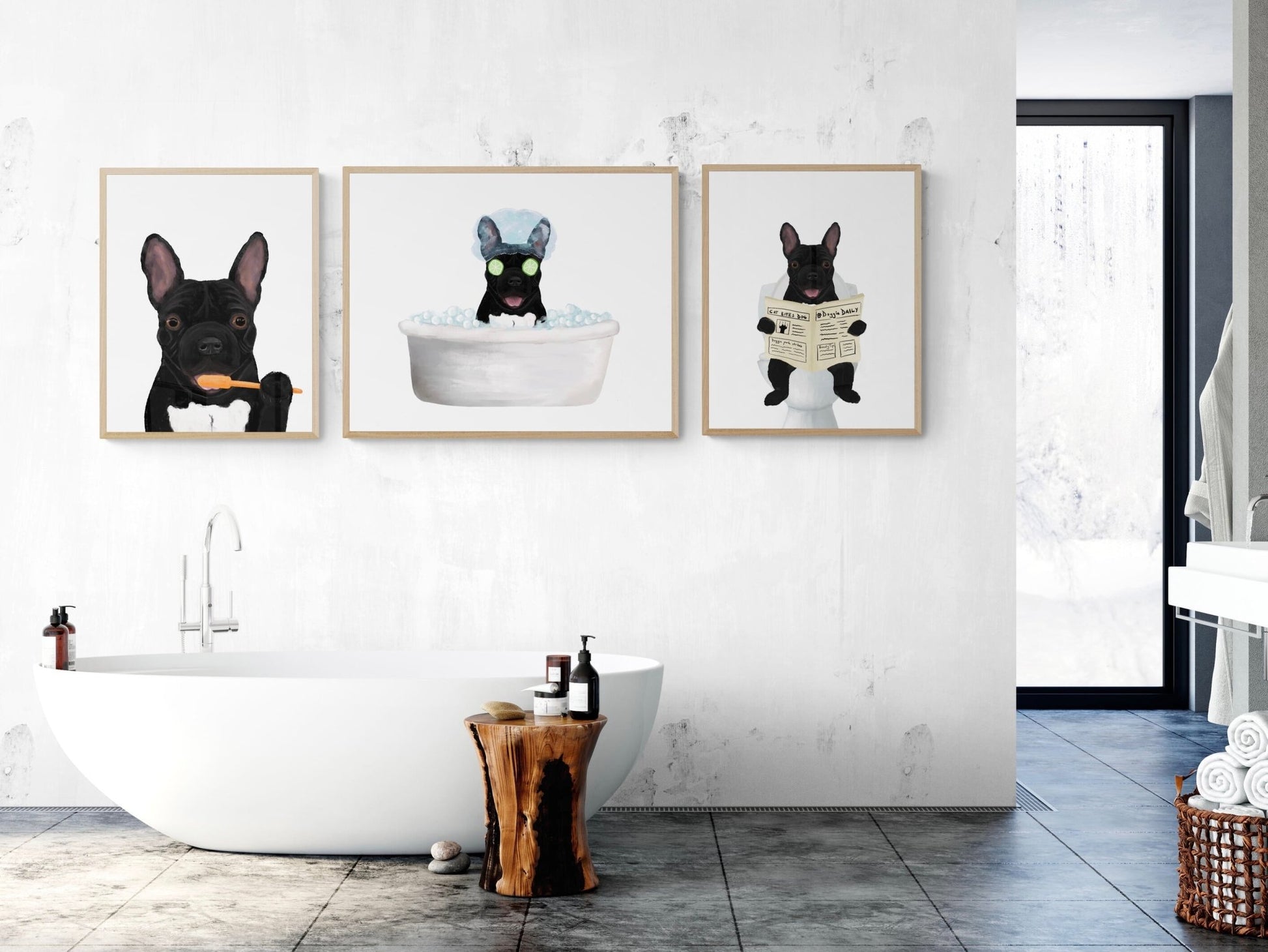 Set of 3 French Bulldog In Bathroom - MerikaArt