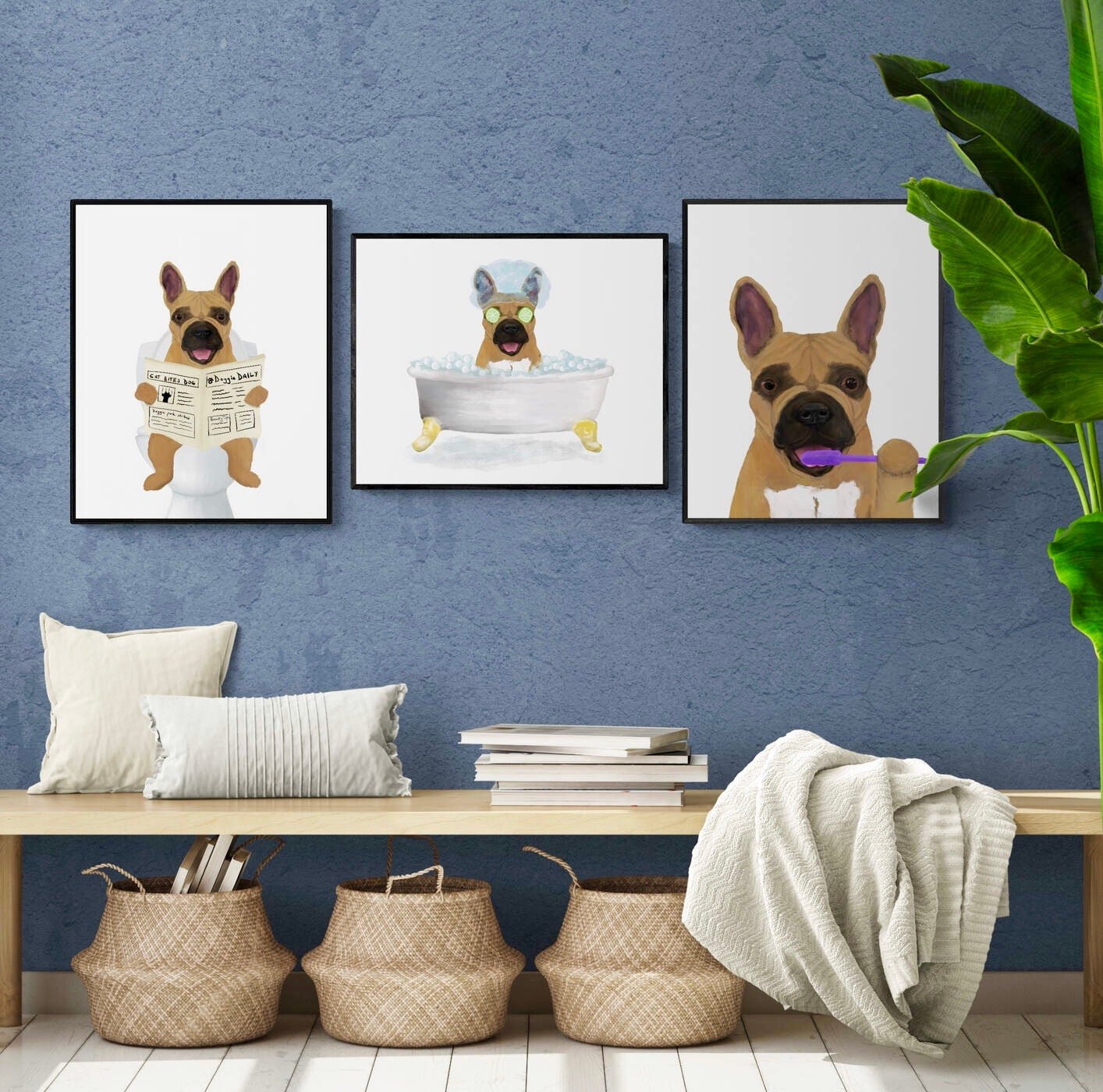 Set of 3 French Bulldog In Bathroom, Brown Frenchie with Toothbrush, Brown dog on Toilet, Dog Painting, Dog In Bathtub Illustration Dog Art, - MerikaArt