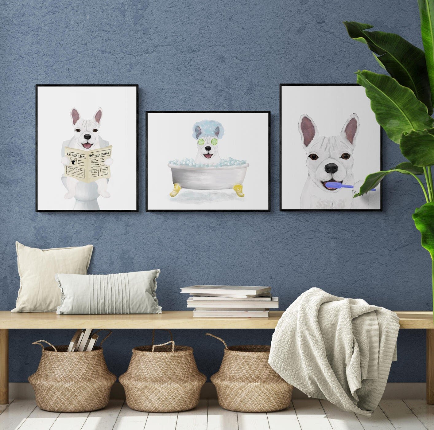 Set of 3 French Bulldog In Bathroom, White Frenchie with Toothbrush, White dog on Toilet, Dog Painting, Dog In Bathtub Illustration - MerikaArt