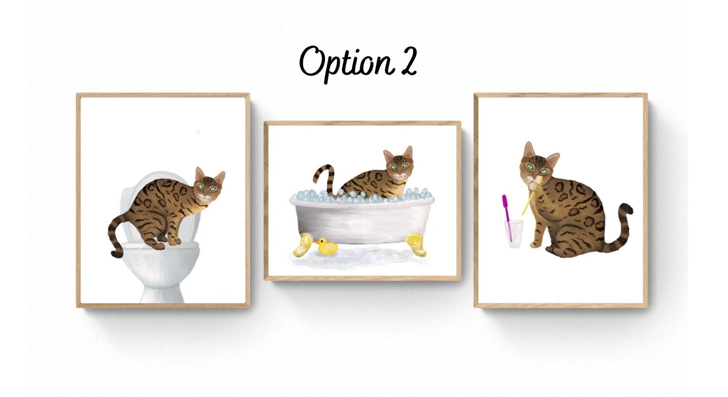 Set of 3 Gold Bengal Cat Bathroom Wall Art, Bathroom Wall Decor Set, Cat In Bath Art, Cat On Toilet Print, Cat Lover Gift - MerikaArt