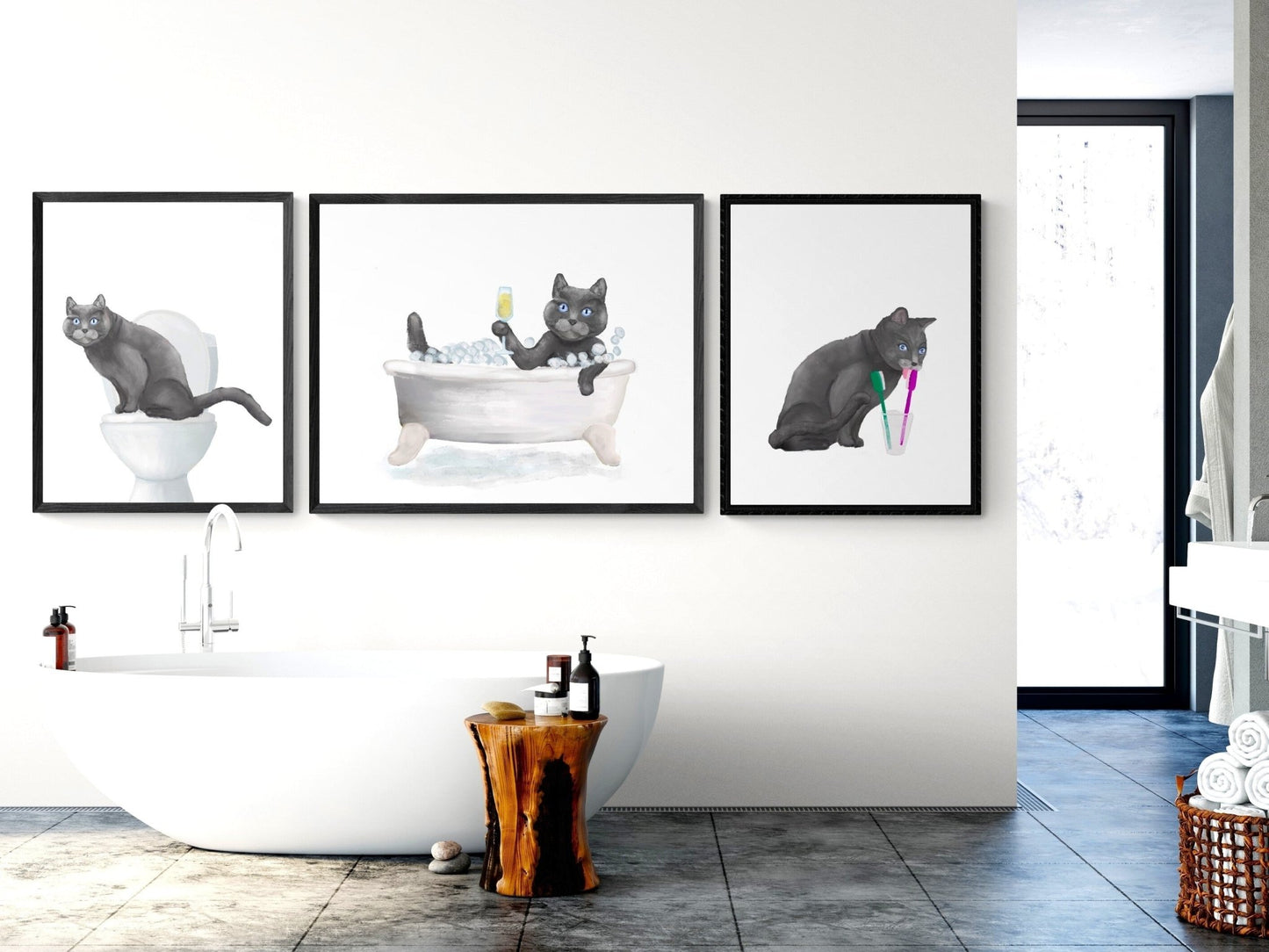 Set of 3 Gray Cat Bathroom Wall Art, Bathroom Wall Decor Set, Cute Gray Cat In Bath Art, Scottish Cat On Toilet Print, Cat Lover Gift, Cat - MerikaArt