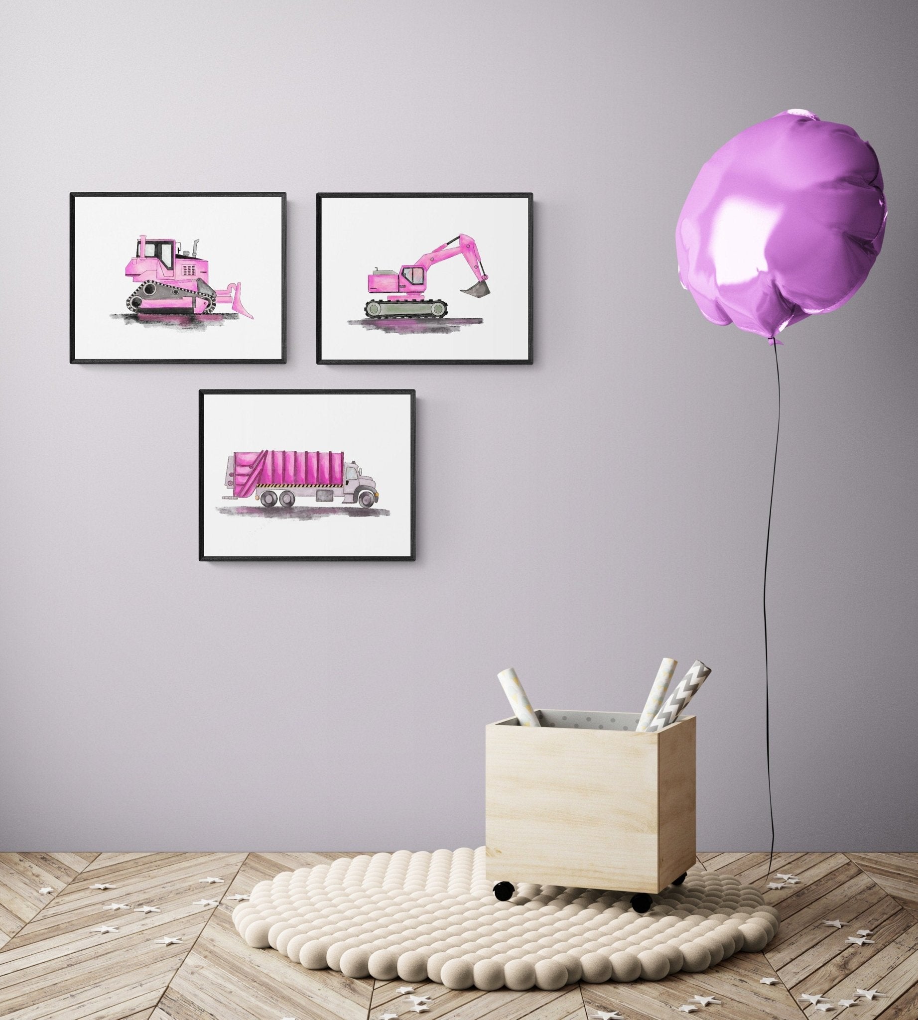 Set of 3 Original Pink Construction Vehicle Prints - MerikaArt