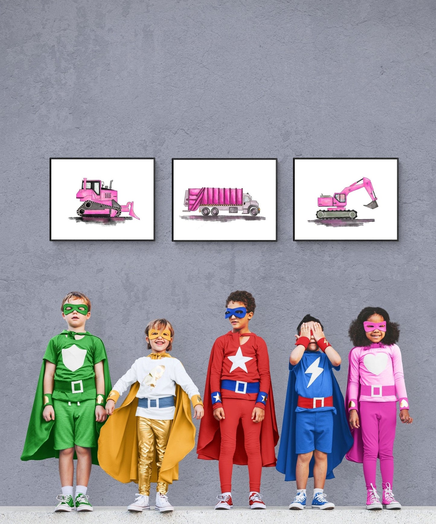 Set of 3 Original Pink Construction Vehicle Prints - MerikaArt