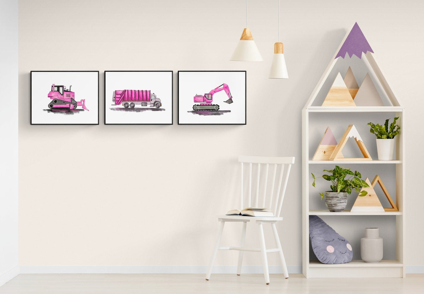 Set of 3 Original Pink Construction Vehicle Prints - MerikaArt