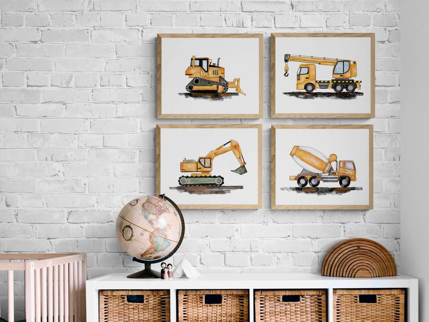 Set of 4 Construction Vehicle Prints, Horizontal Vertical Construction Wall Art, Boys Room Poster, Crane, Cement Truck, Excavator, Bulldozer - MerikaArt