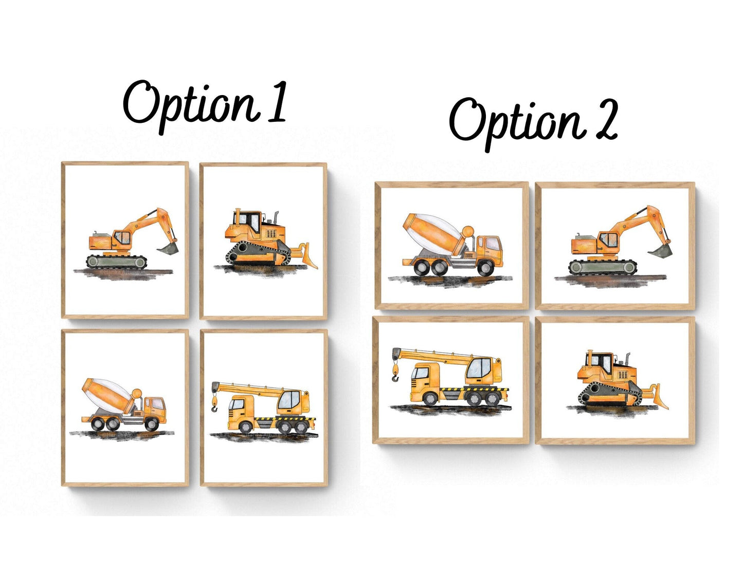Set of 4 Construction Vehicle Prints, Horizontal Vertical Construction Wall Art, Boys Room Poster, Crane, Cement Truck, Excavator, Bulldozer - MerikaArt