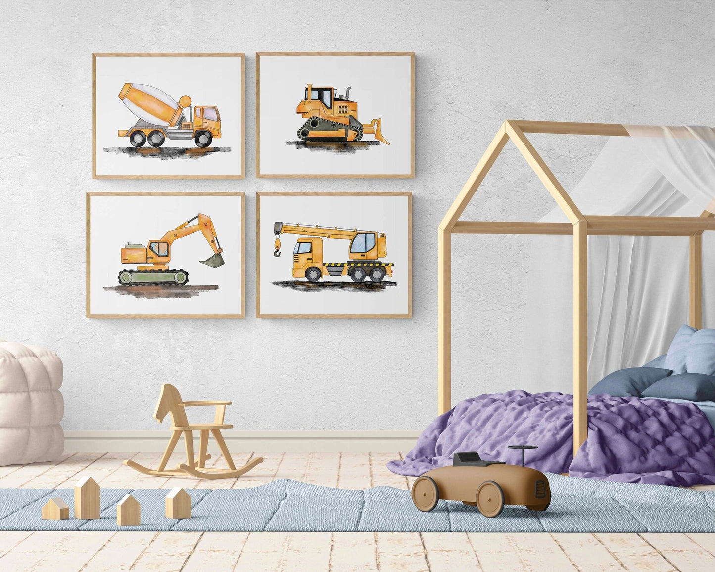 Set of 4 Construction Vehicle Prints, Horizontal Vertical Construction Wall Art, Boys Room Poster, Crane, Cement Truck, Excavator, Bulldozer - MerikaArt
