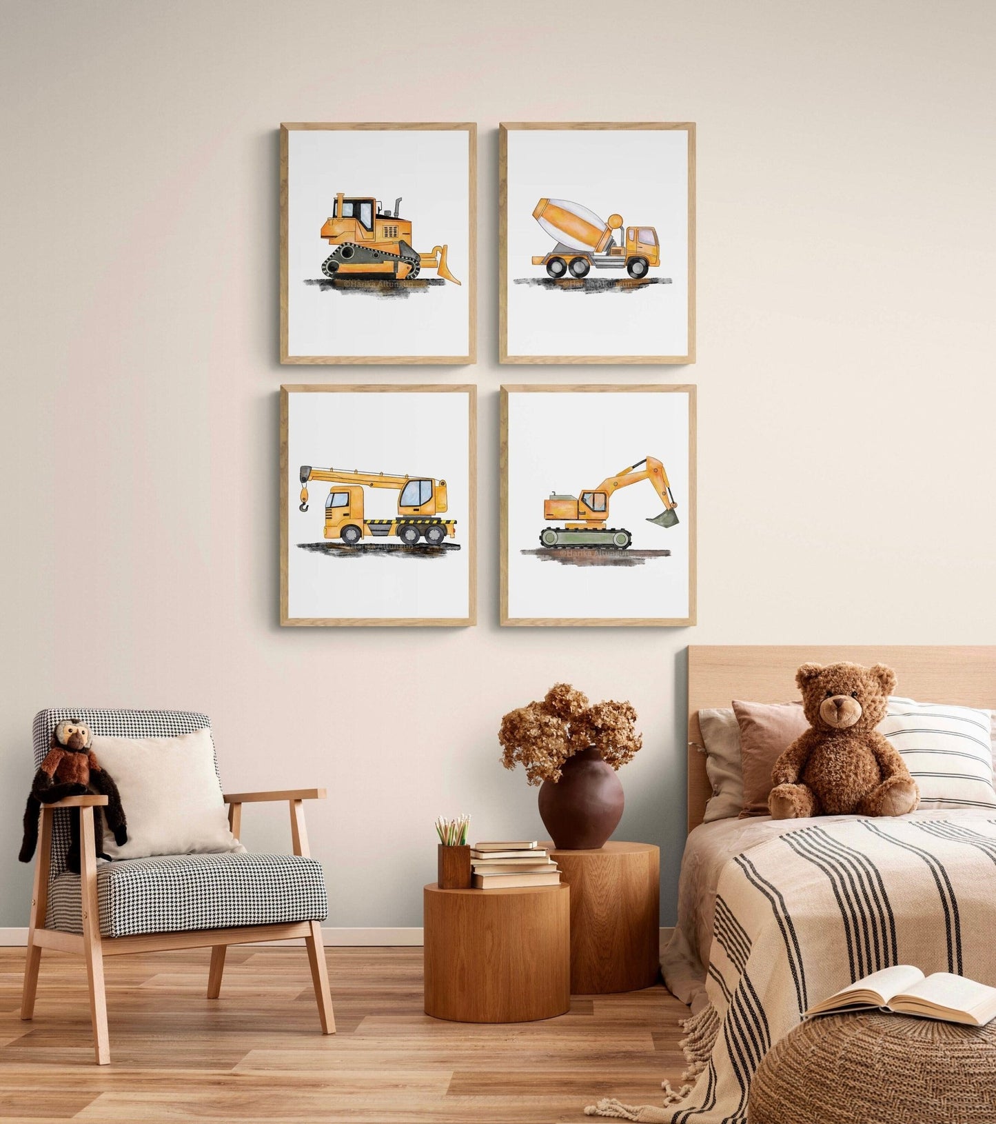 Set of 4 Vertical Construction Vehicle Prints, Construction Wall Art, Boys Room Poster, Crane, Cement Truck, Excavator, Bulldozer - MerikaArt