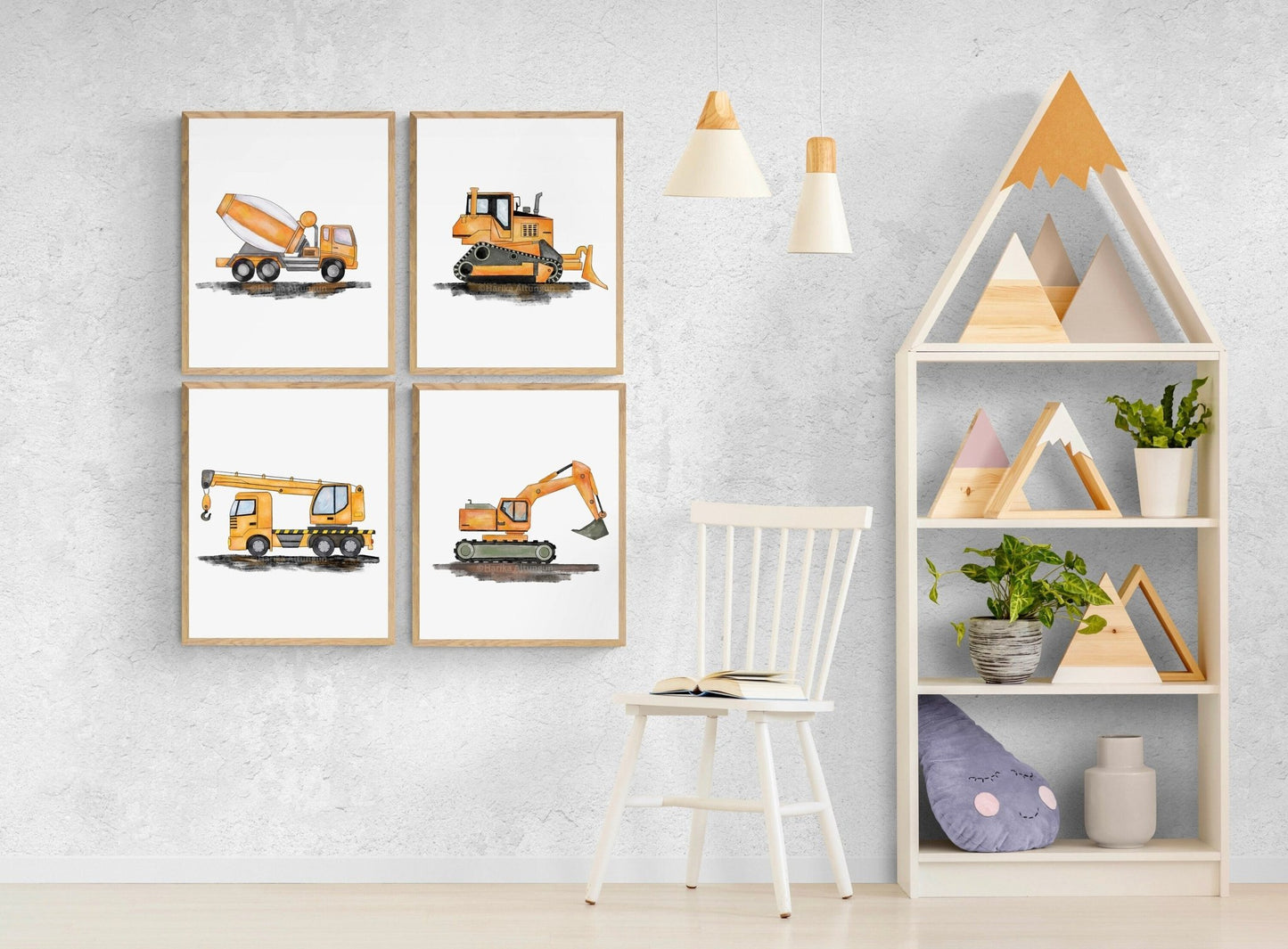 Set of 4 Vertical Construction Vehicle Prints, Construction Wall Art, Boys Room Poster, Crane, Cement Truck, Excavator, Bulldozer - MerikaArt