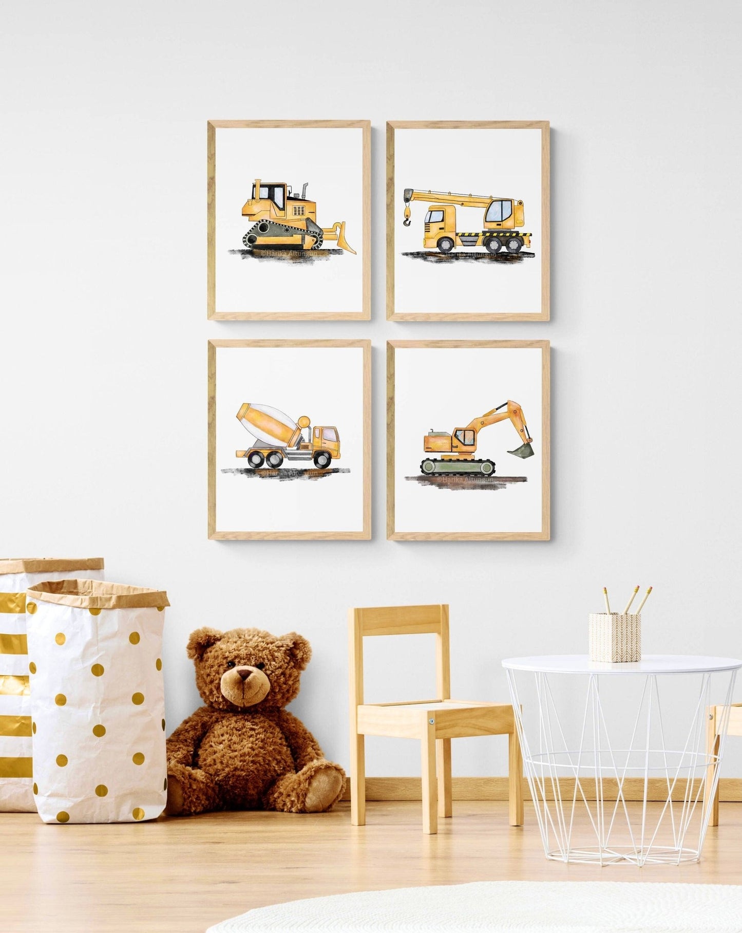 Set of 4 Vertical Construction Vehicle Prints, Construction Wall Art, Boys Room Poster, Crane, Cement Truck, Excavator, Bulldozer - MerikaArt
